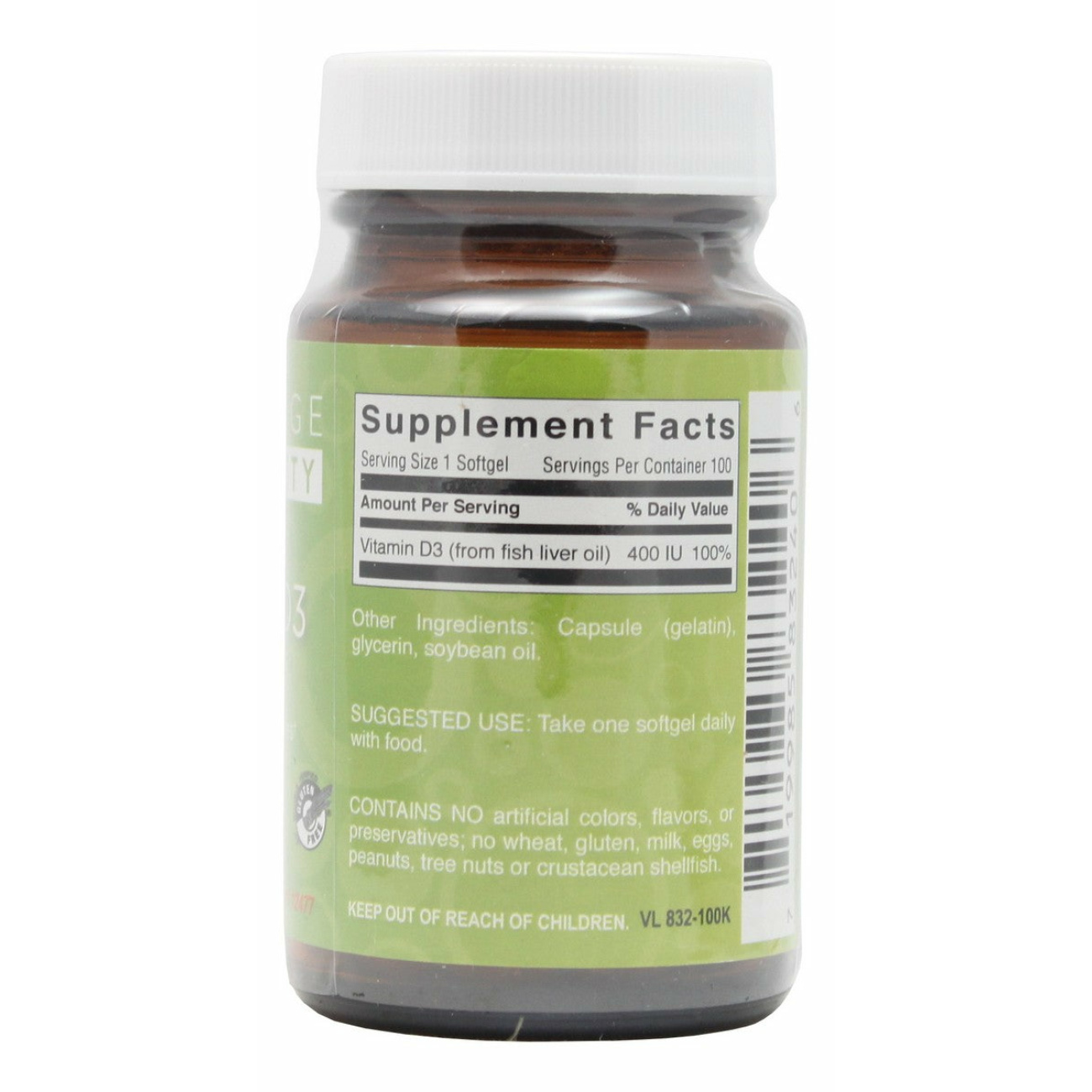 Vitamin D3 400 I.U. - 100 Softgels - Supplement Facts