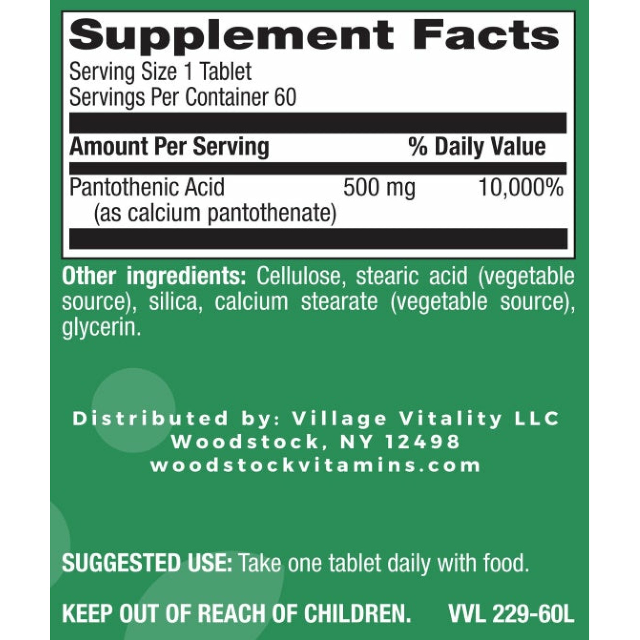 Pantothenic Acid 500 mg PR - 60 Tablets