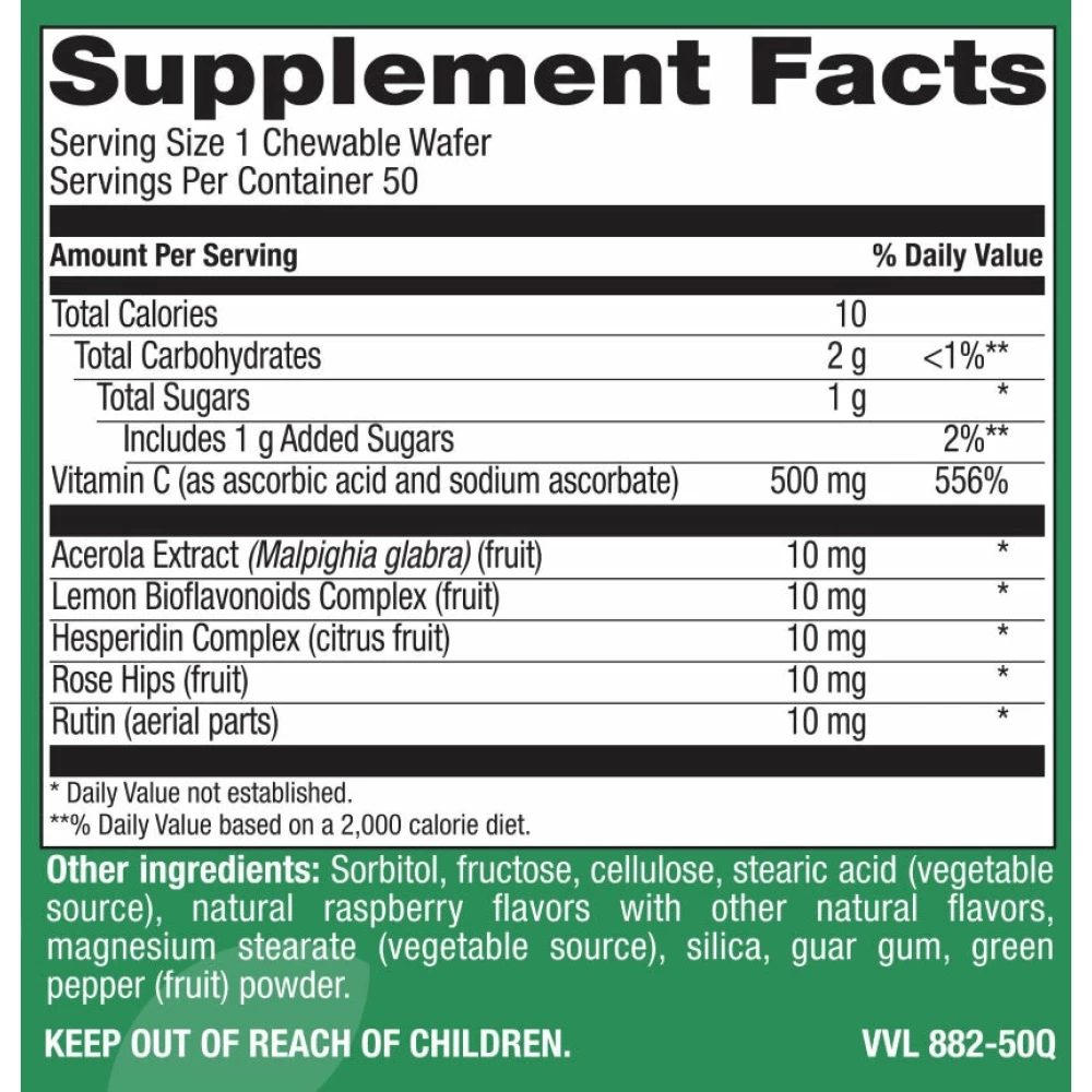 Chewable Vitamin C 500 mg Raspberry-Cherry Flavor - 50 Wafers