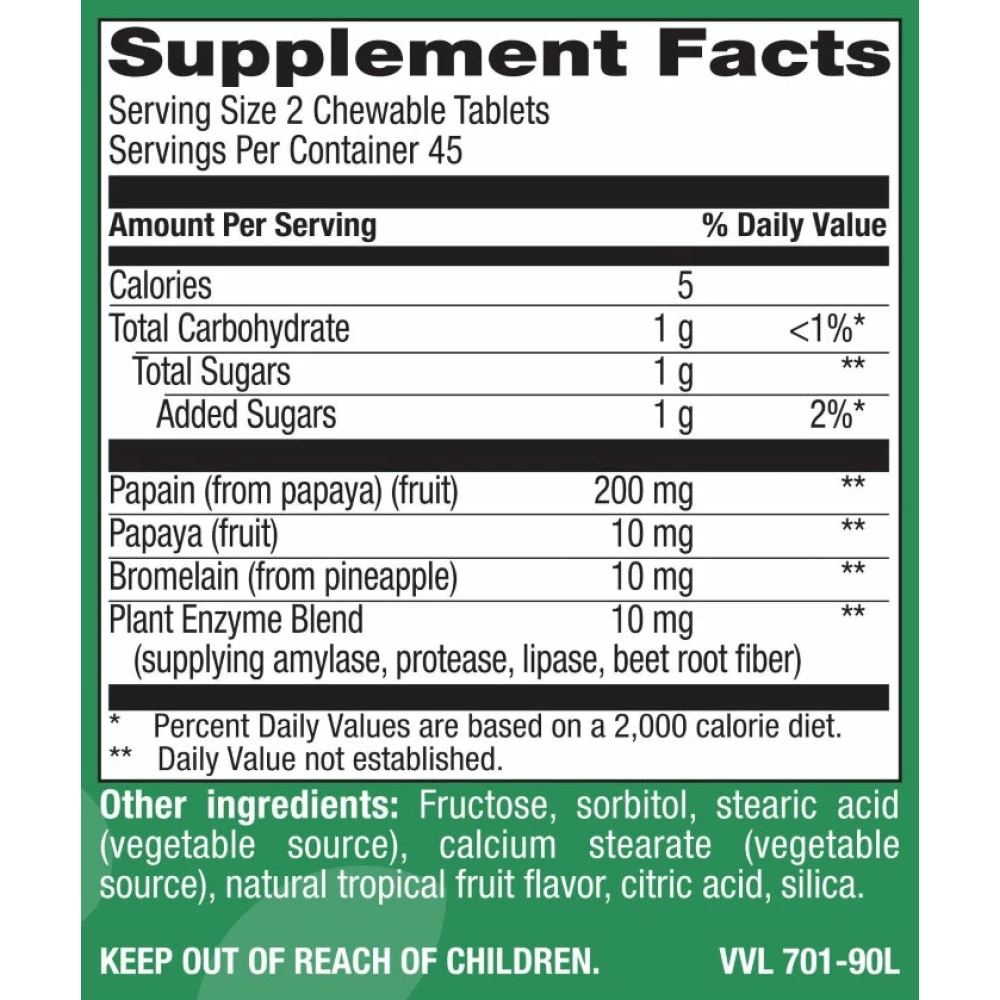 Chewable Natural Papaya - Natural Tropical Fruit Flavor - 90 Tablets
