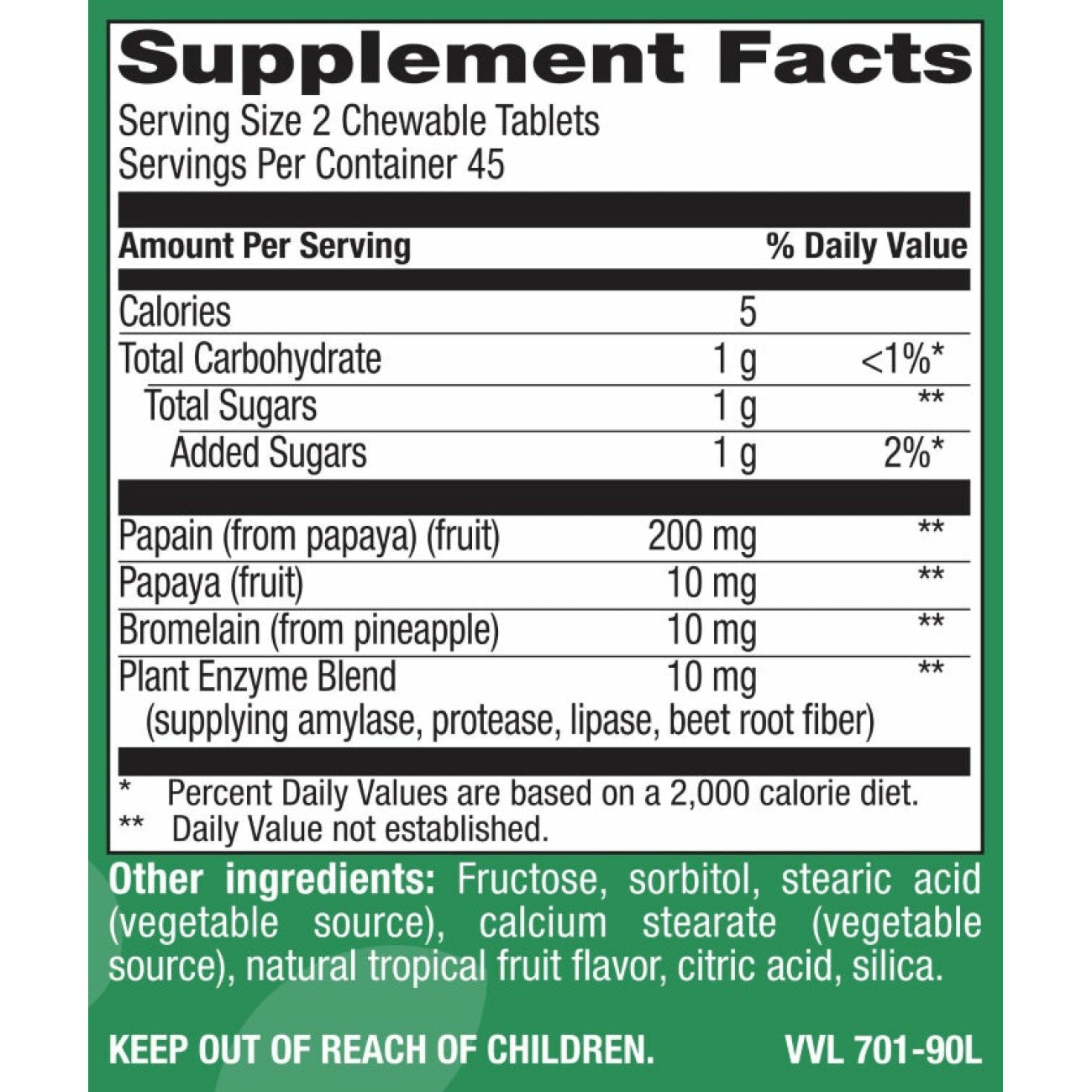 Chewable Natural Papaya - Natural Tropical Fruit Flavor - 90 Tablets