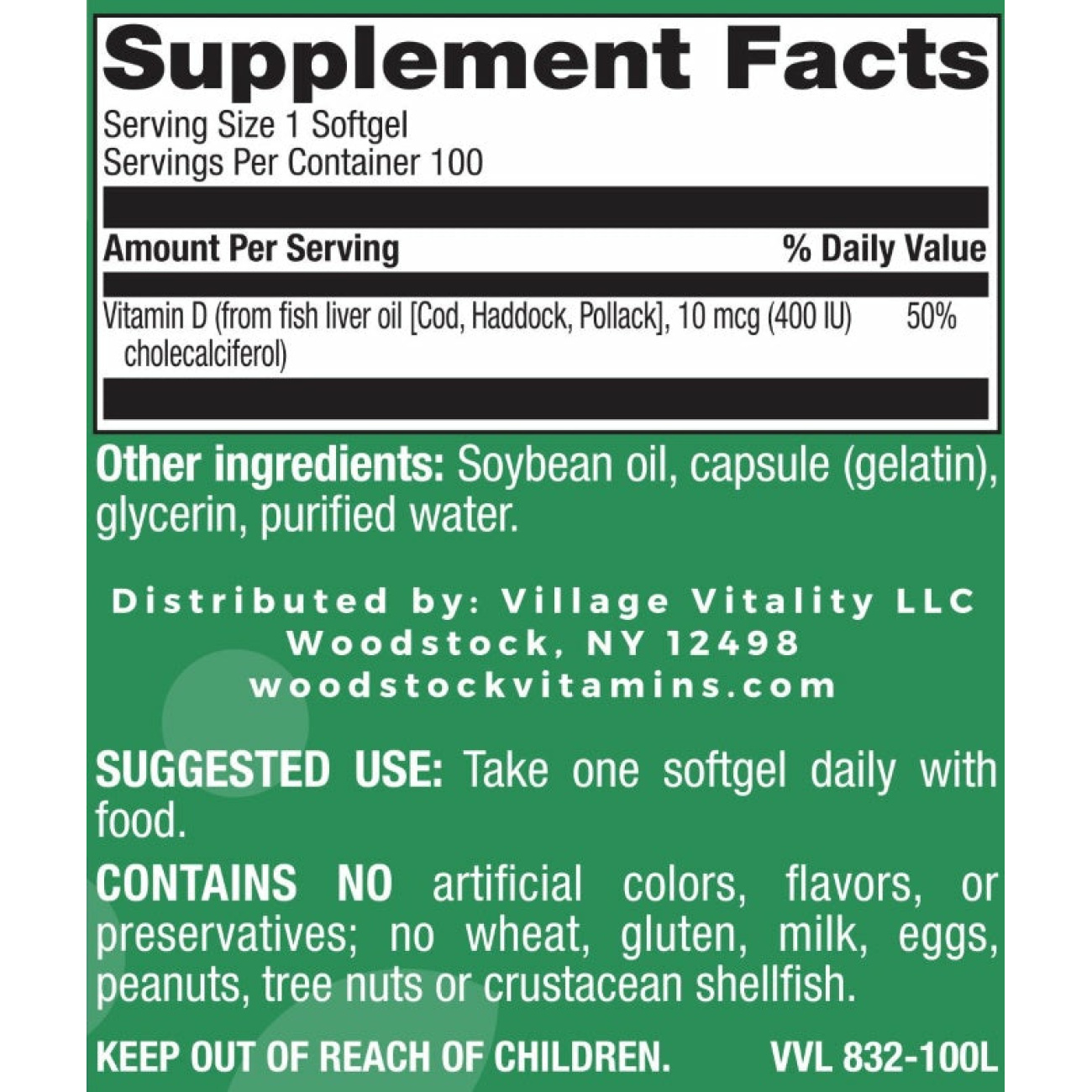 Vitamin D3 400 I.U. - 100 Softgels